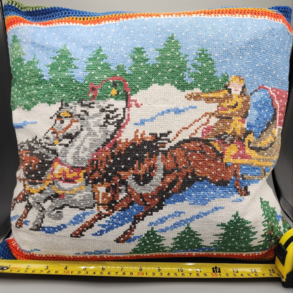 Handmade Embroidered Sleigh Horses Christmas Pillow.